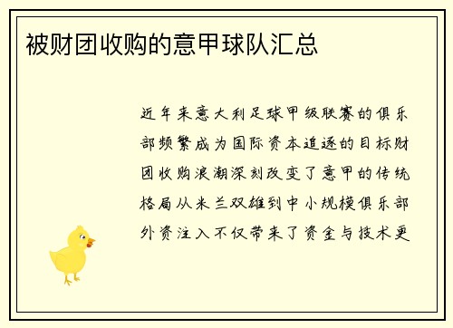 被财团收购的意甲球队汇总