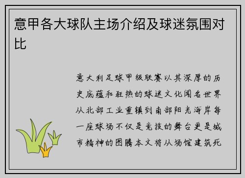 意甲各大球队主场介绍及球迷氛围对比