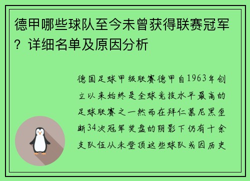 德甲哪些球队至今未曾获得联赛冠军？详细名单及原因分析