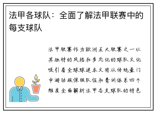 法甲各球队：全面了解法甲联赛中的每支球队